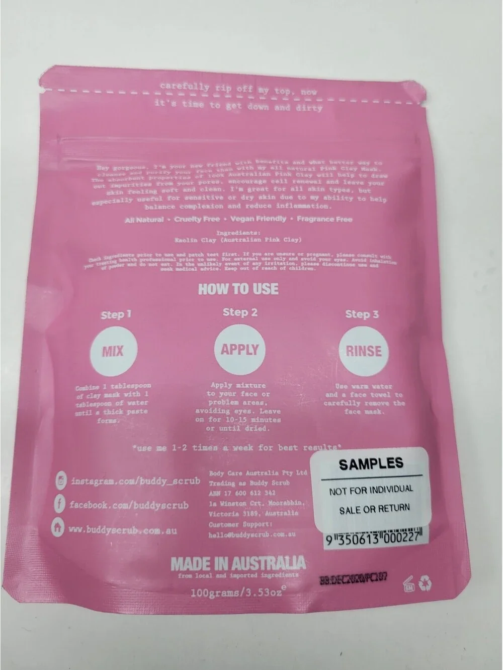 5 Pack Buddy Scrub Pink Clay Face Mask - Makes 10+ each pack = 50+ Masks total